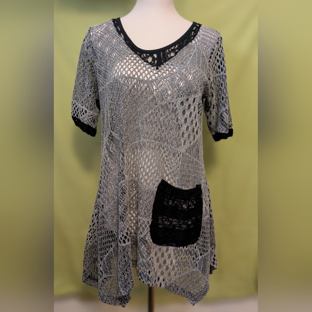 Crocheted Lace Tunic Top with Black Trim and Pocket